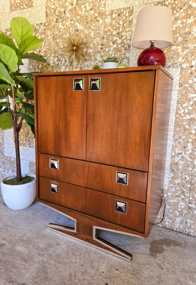 Art Deco Walnut Tall Boy Dresser With Silver Chrome Accents thumbnail