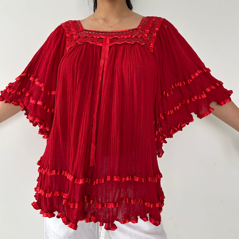 Red Ruffle Peasant/Babydoll Blouse - photo 3