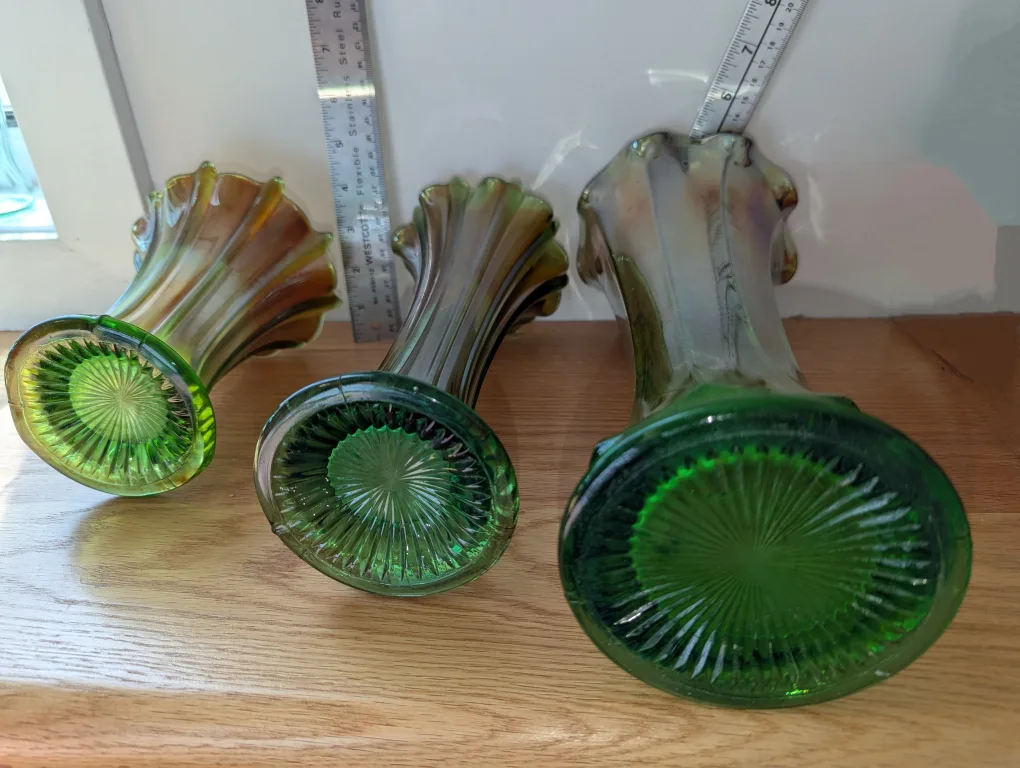 3 Iridescent Green Northwood Vases $35 each image indicator(2)
