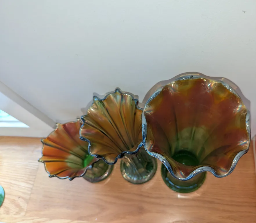 3 Iridescent Green Northwood Vases $35 each image indicator(3)