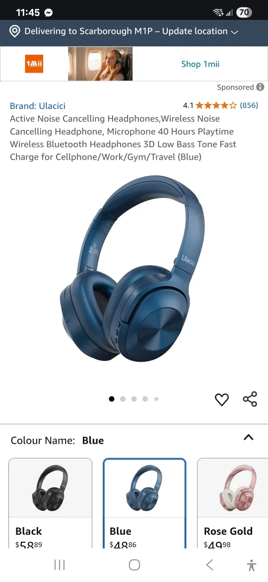 Ulalci Active Noise Cancelling Headphones - Blue thumbnail