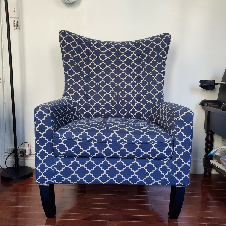 Blue & White Patterned Wingback Chair