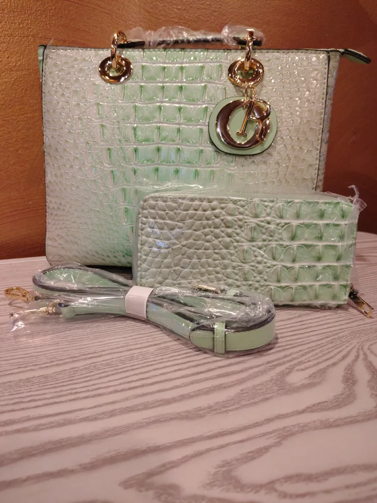 Mint Green Croc Embossed Handbag Set - New thumbnail