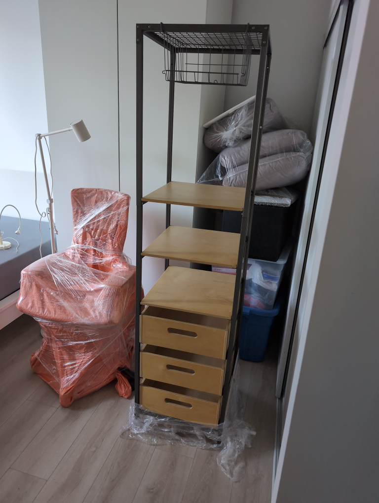 Wood and Metal Shelf with Drawers
