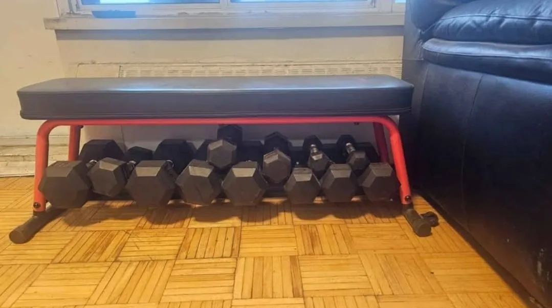 FLAT BENCH & HEX DUMBBELLS SET 2.5, 7.5, 12.5, 17.5, 22.5 & 27.5 thumbnail