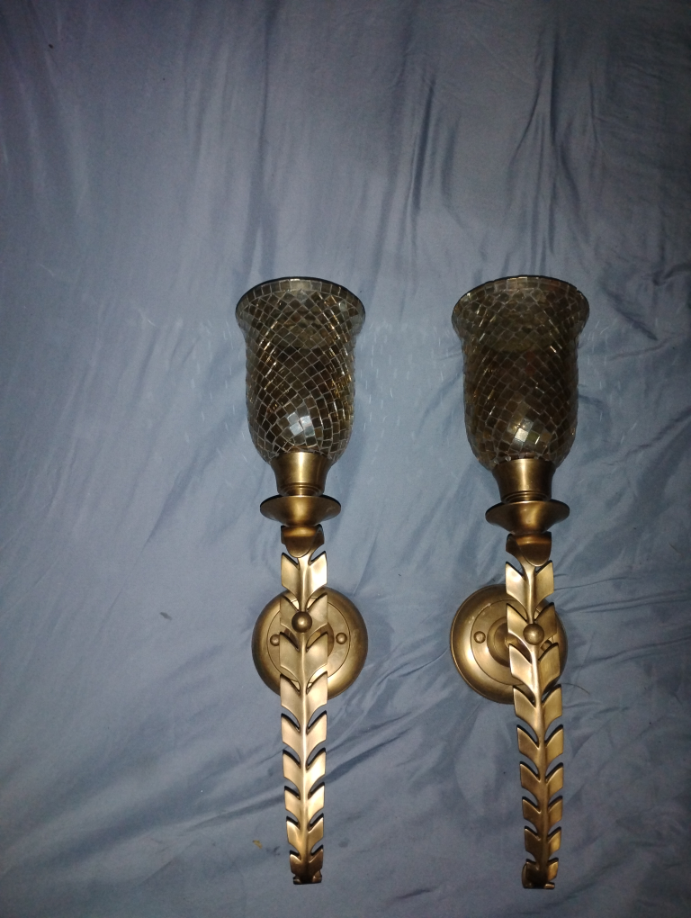Vintage Mosaic Glass & Brass Wall Sconce Candle Holders - photo 3