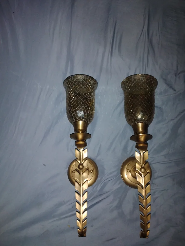 Vintage Mosaic Glass & Brass Wall Sconce Candle Holders image indicator(3)