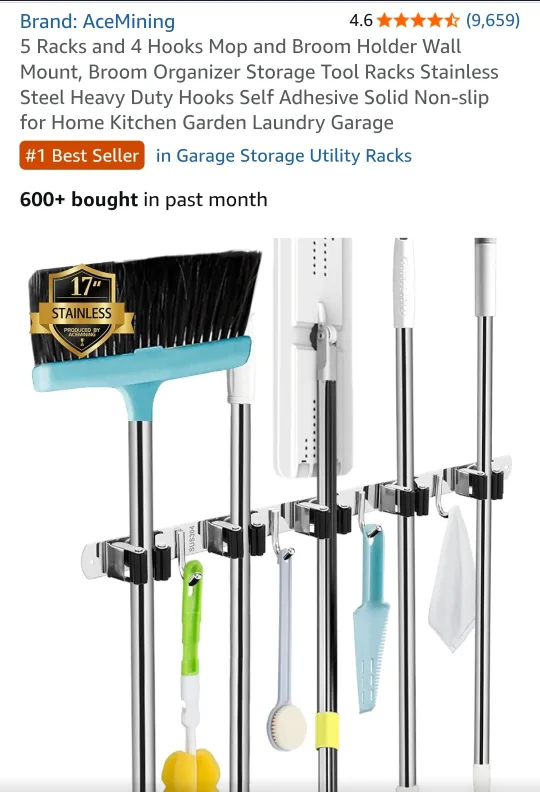 Mop and Broom Holder - 5 Racks & 4 Hooks