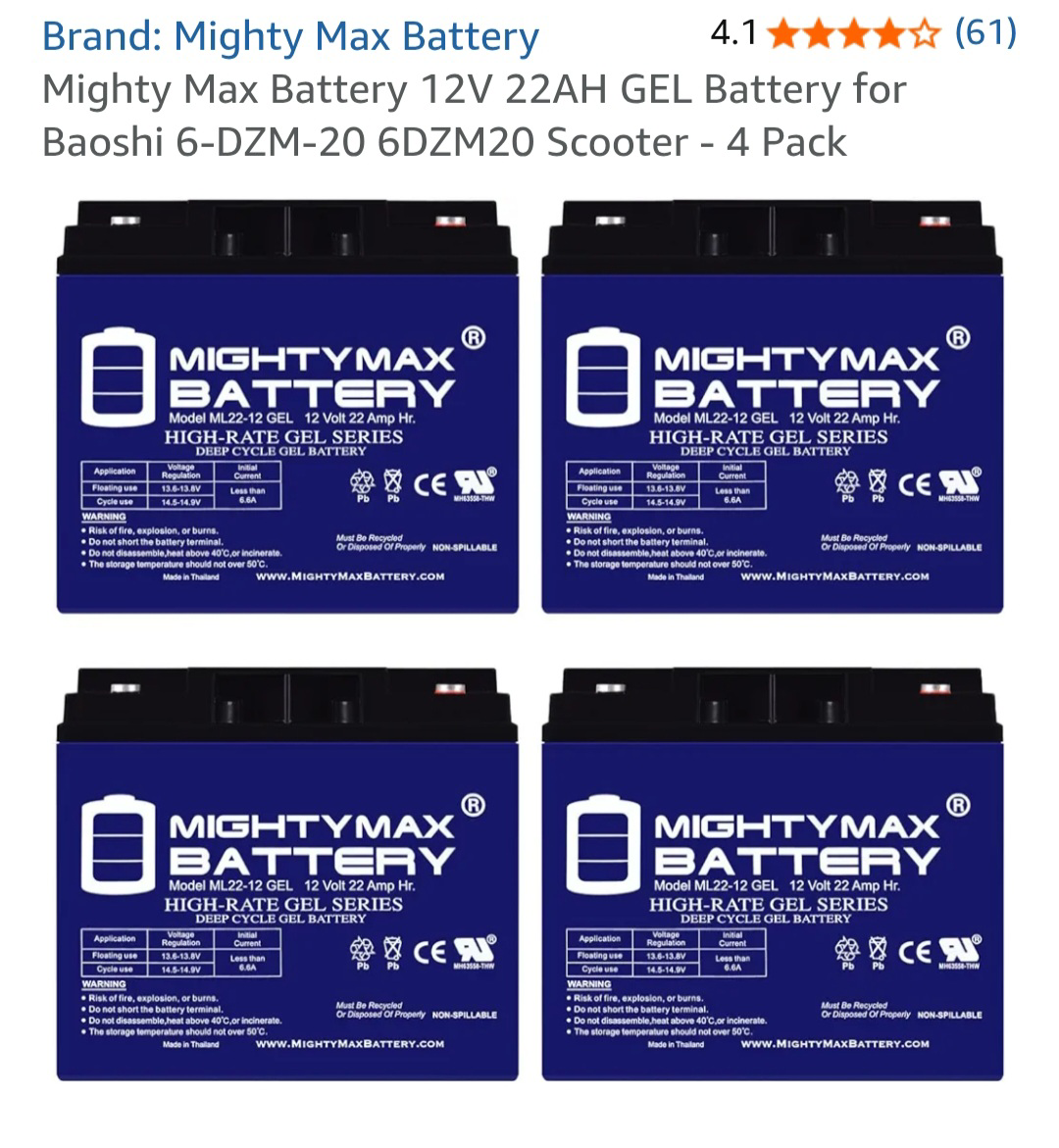 5- Mighty Max 12v20ah GEL Battery - New