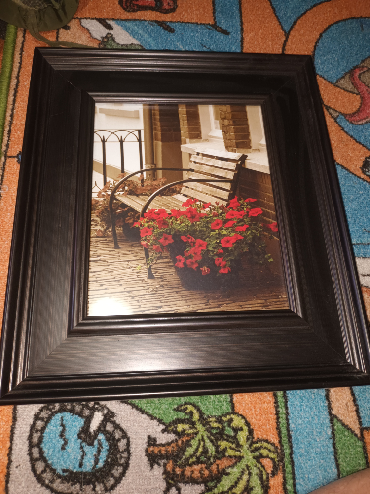Black Framed Print - Bench & Flowers