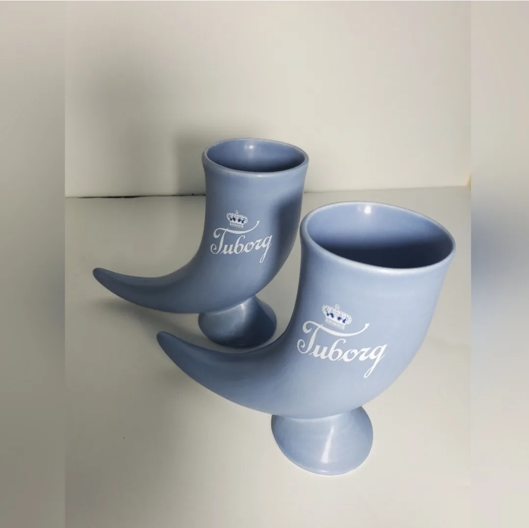 2 Vintage Tuborg Danish Mug Blue Beer Ceramic Drinking Horn image indicator(8)