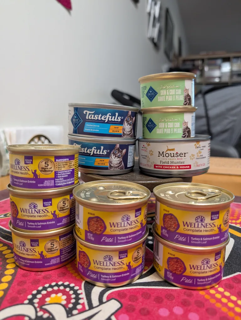 Assorted Cat Food Cans - Wellness, Blue, Mouser thumbnail