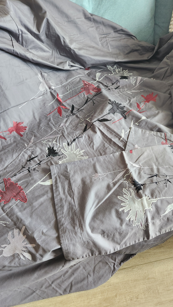Floral Cotton Duvet Cover with 2 pillowcases grey