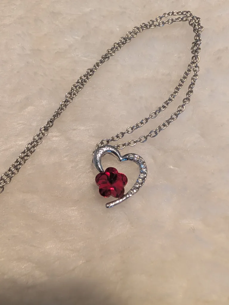 Heart & Red Flower Silver Necklace thumbnail