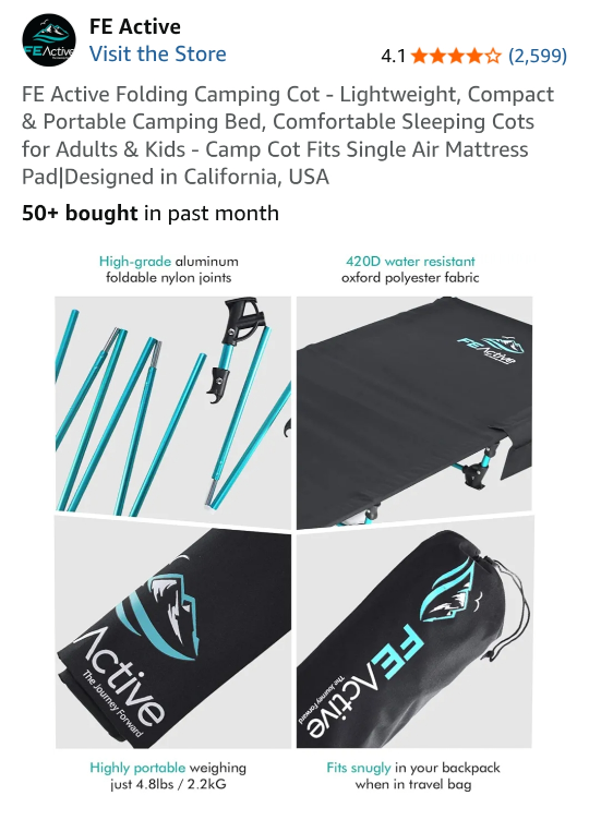 FE Active Folding Camping Cot - Lightweight & Portable - photo 3