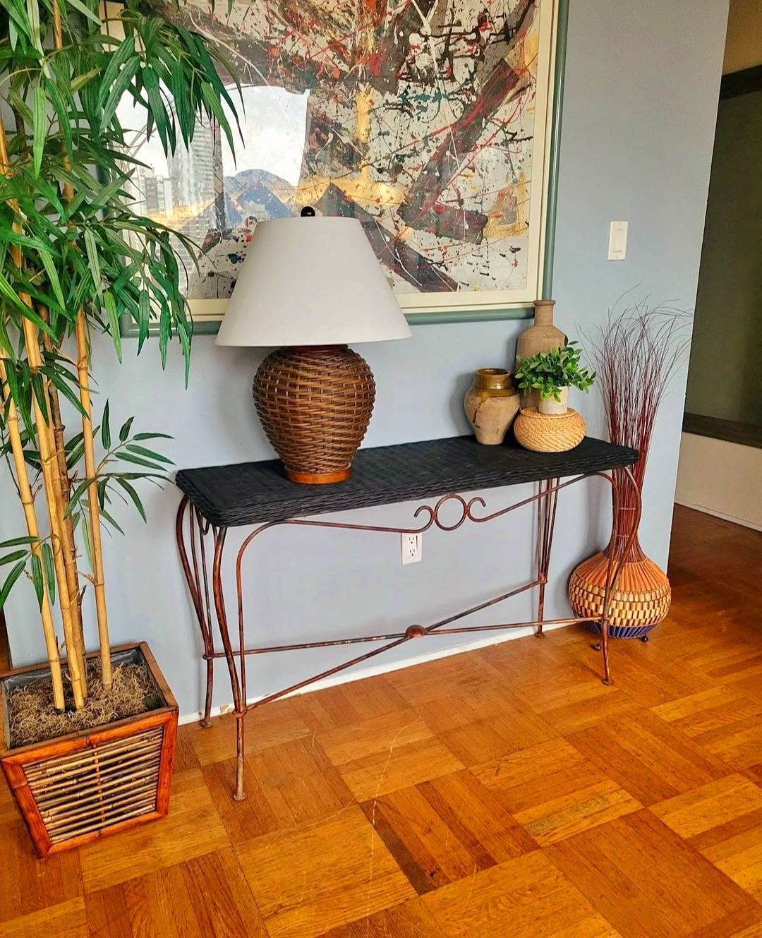 Vintage Dark Green Wicker Console Table With Wrought Iron Frame - photo 3