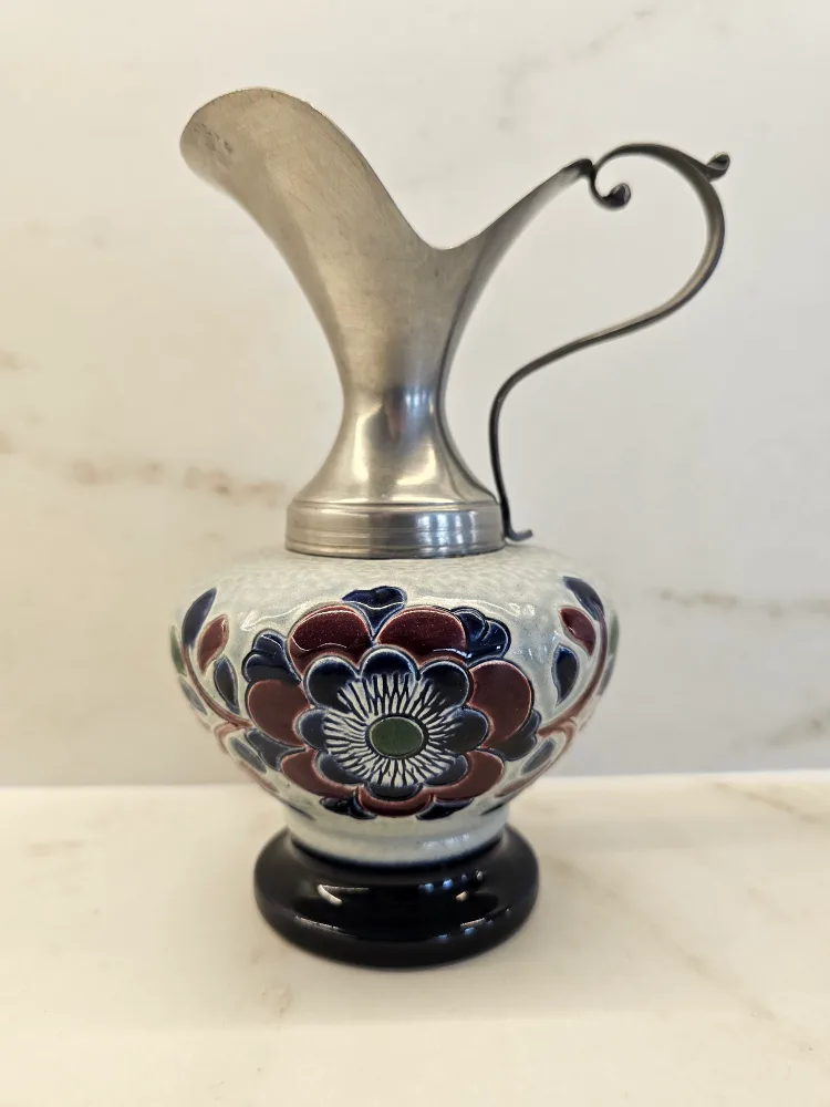 Vintage German Ceramic Pitcher with Pewter Top thumbnail
