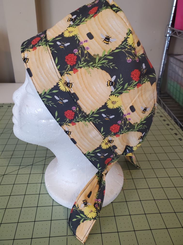 Hand Crafted Scrub Cap - Beehive Floral Pattern New Adult Sz