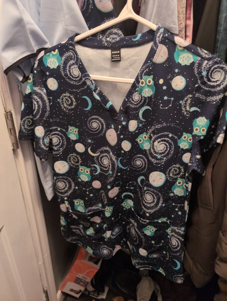 Shein Owl Print Scrub Top - Size L thumbnail