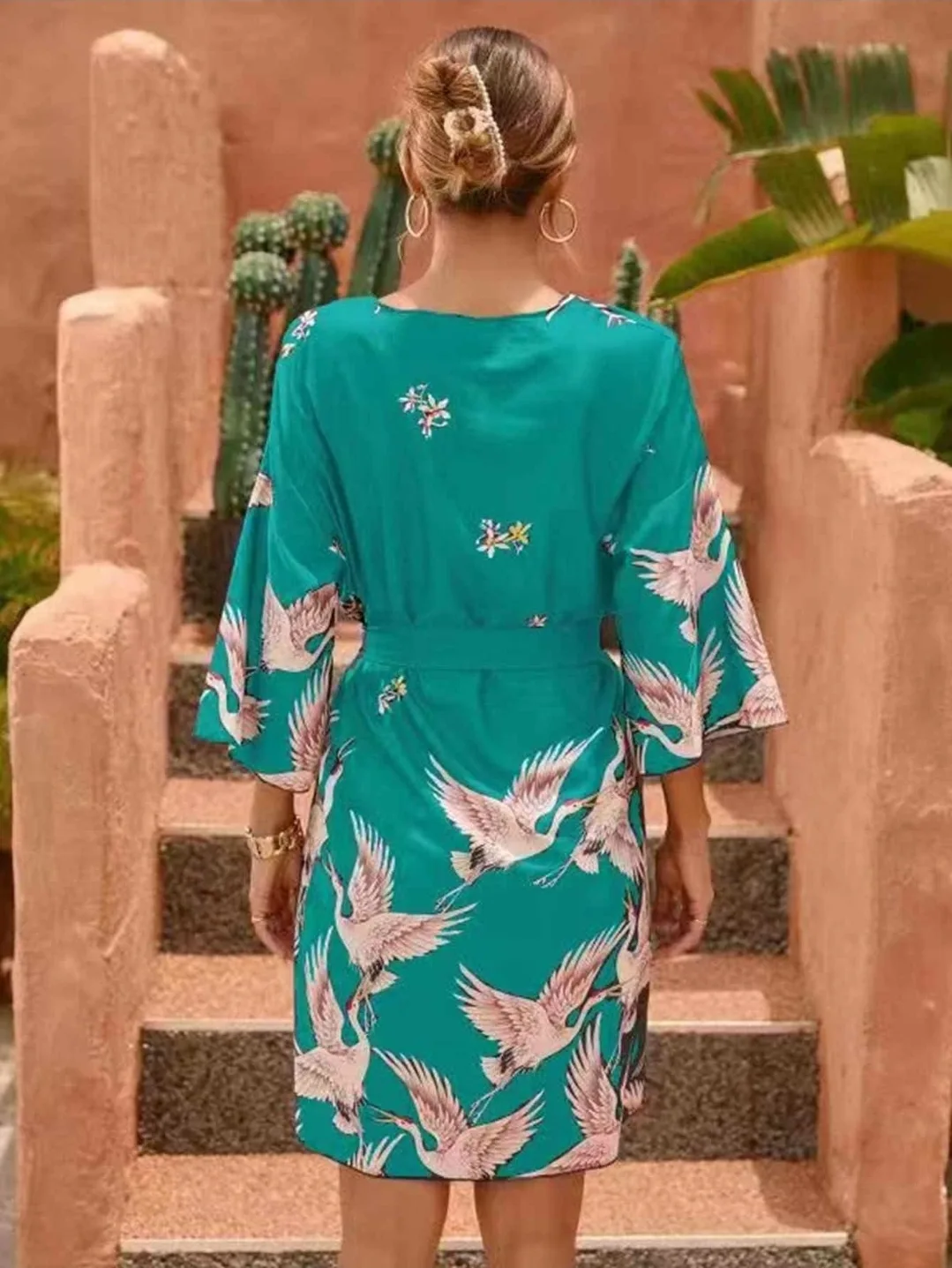 Teal Crane Print Kimono Dress image indicator(2)