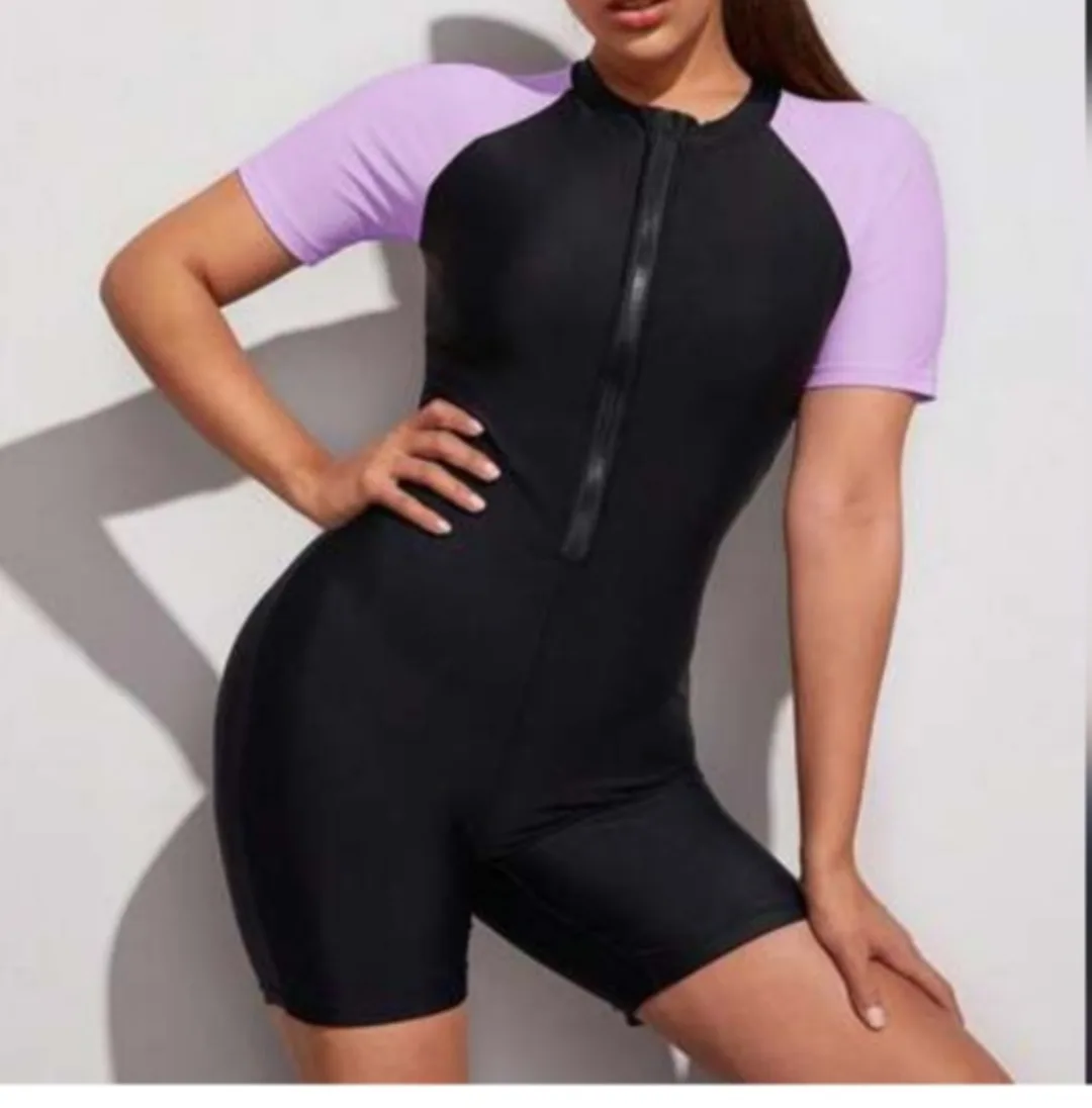 Black & Lavender Short Sleeve Swimsuit thumbnail
