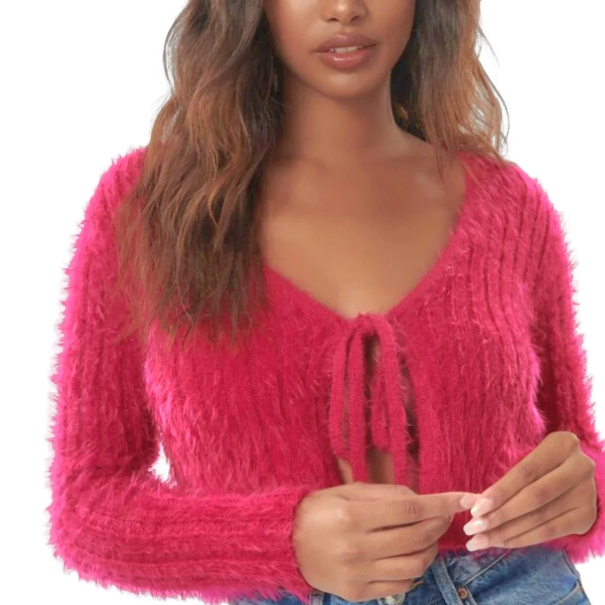 Brand new Garage Fuzzy Knit Tie-Front Cardigan - Pink thumbnail