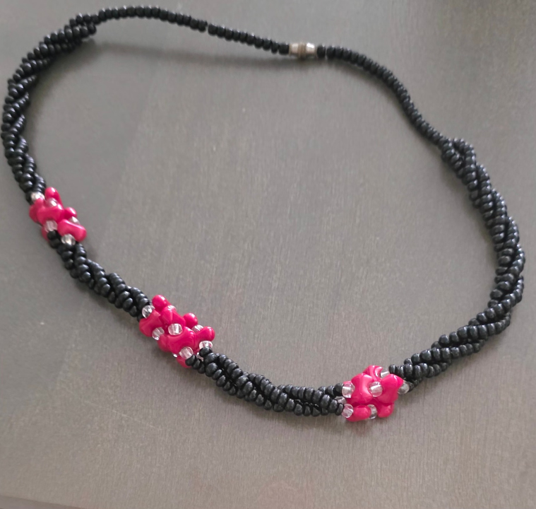 Handmade Beaded Necklace - Black & Pink
