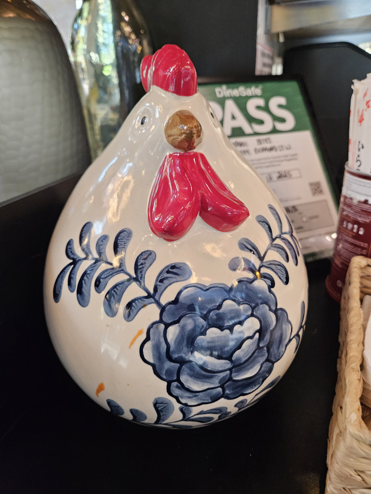 Ceramic Chicken Decor with Blue Floral Design