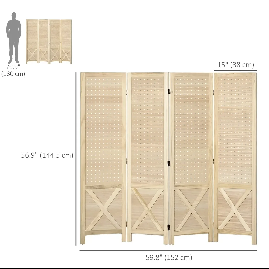 ✨ Wooden Room Divider – 4 Panel Privacy Screen with Pegboard image indicator(3)