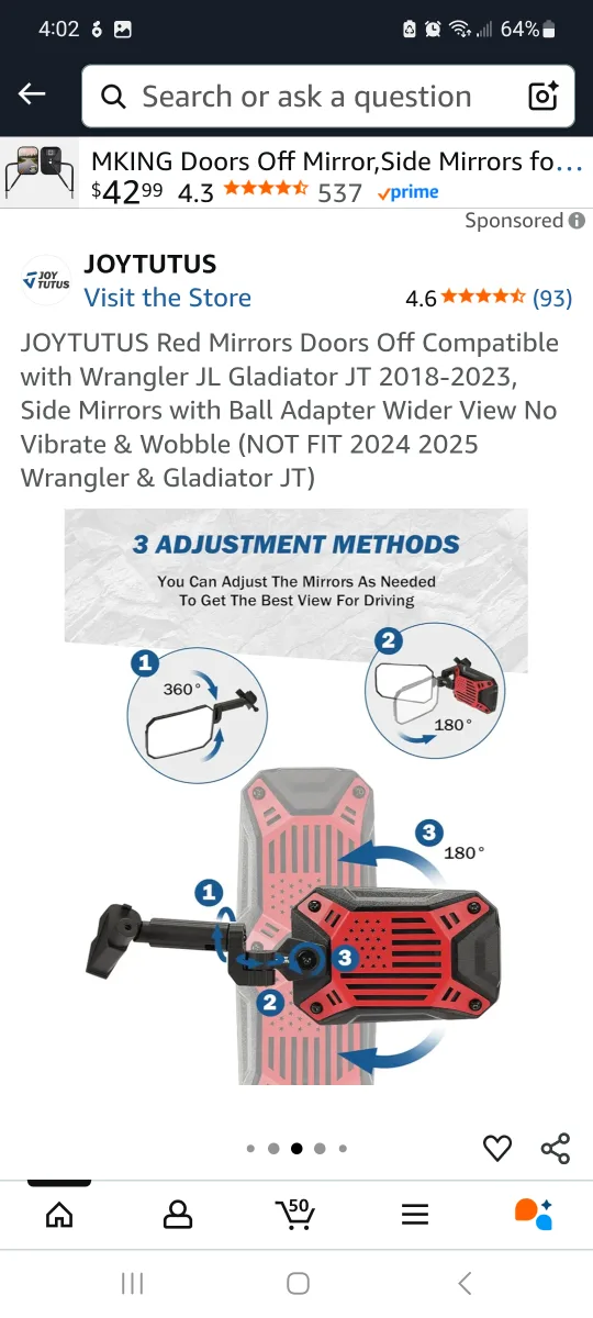 Red Mirrors Doors Off Compatible with Wrangler brand new image indicator(2)