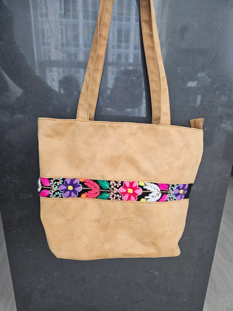 Tan Tote Bag with Floral Embroidery thumbnail