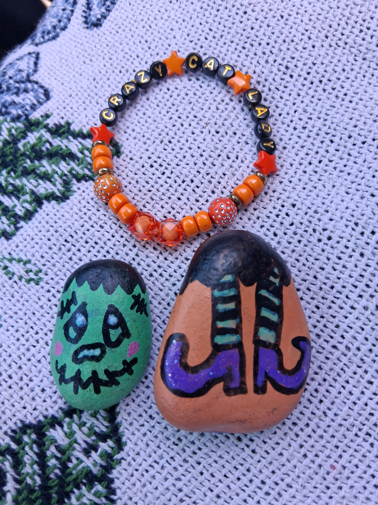 Handmade Halloween Painted Rock & Bracelet