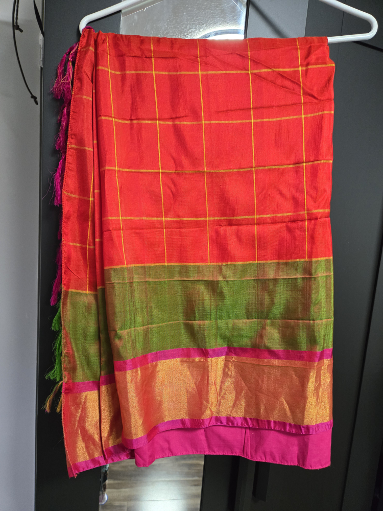 Red & Gold Checkered Saree