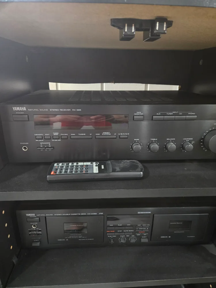 Yamaha Stereo Receiver, dual cassette.  Speakers and cabinet. thumbnail