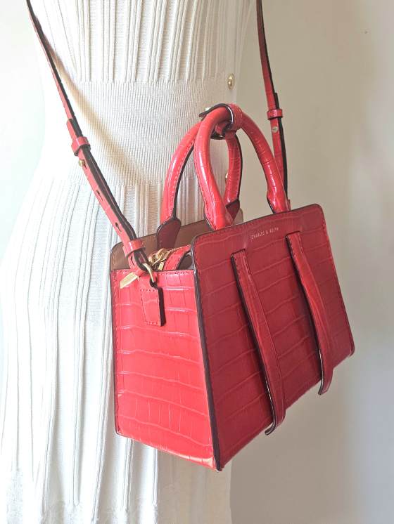 Charles & Keith Red Croc Effect Top Handle Bag - photo 3