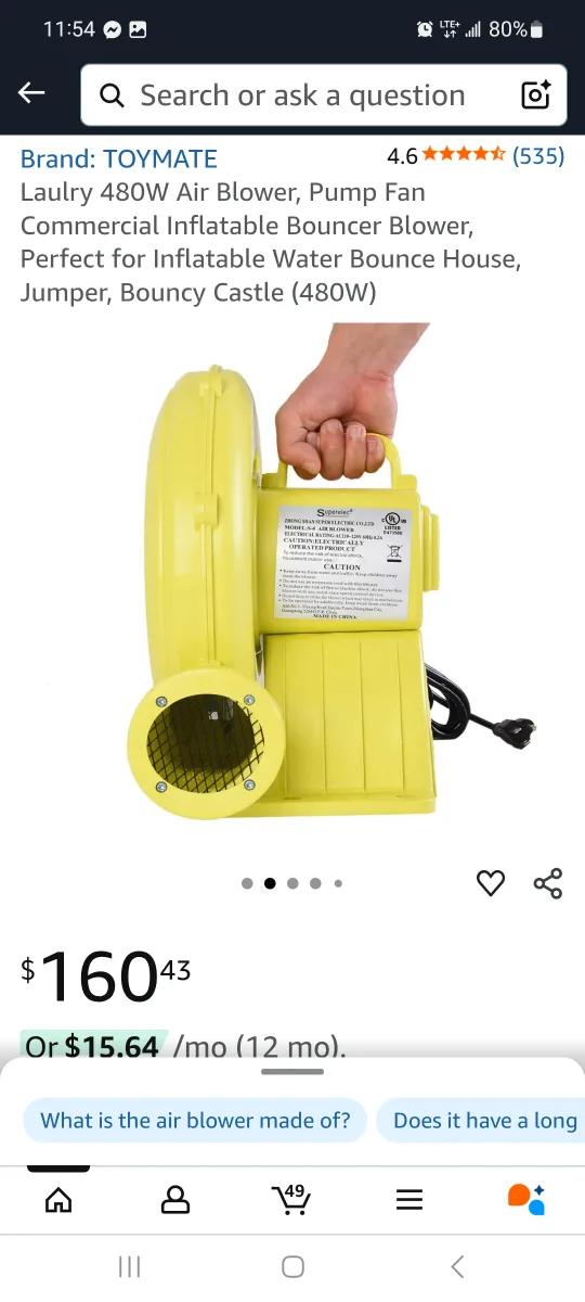 TOYMATE Laulry 480W Air Blower - Bouncy Castle Pump brand new image indicator(2)