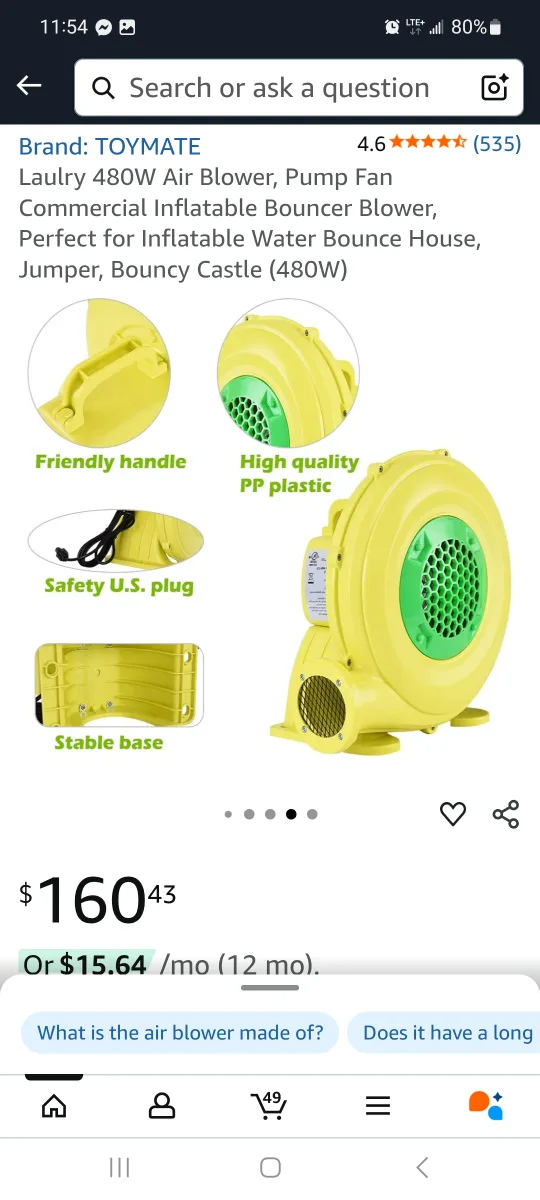 TOYMATE Laulry 480W Air Blower - Bouncy Castle Pump brand new image indicator(6)