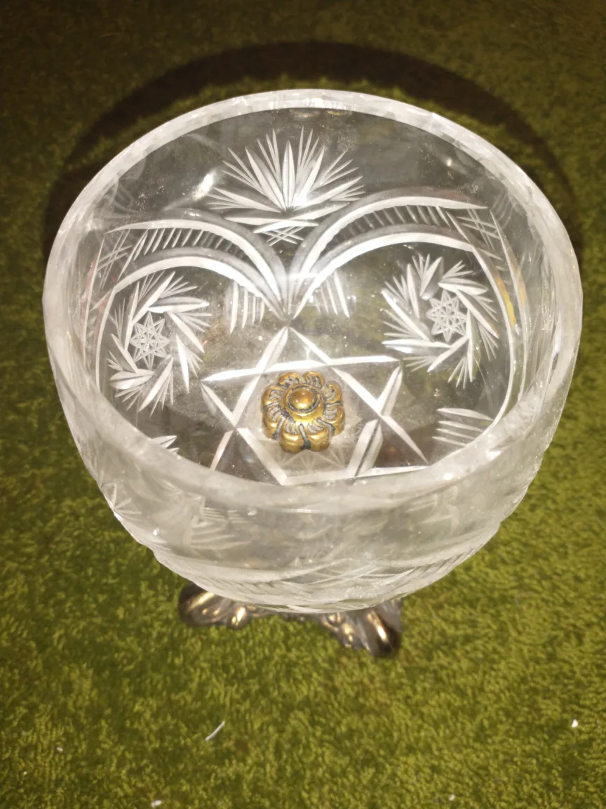 Vintage Crystal Bowl with Ornate Metal Stand image indicator(2)