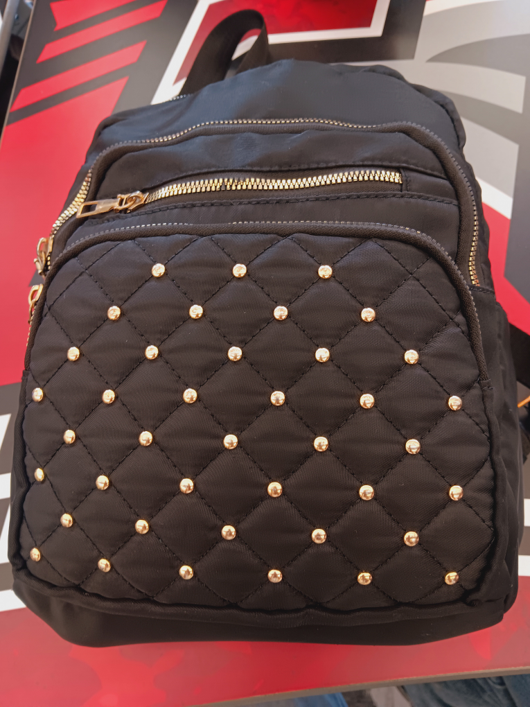 Black Quilted Backpack with Gold Studs