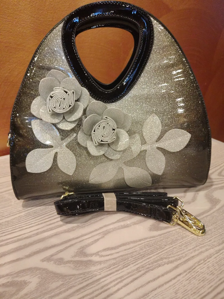 Silver & Black Handbag with Floral Detail thumbnail