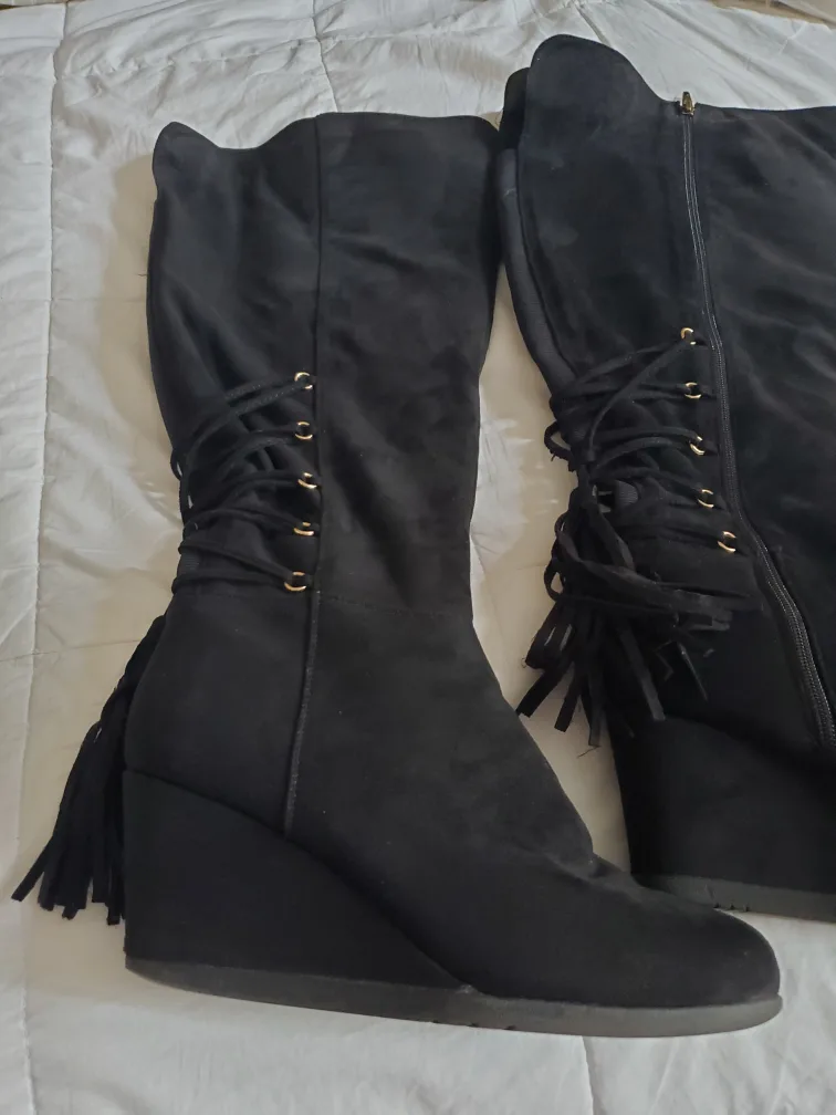 Black Wedge Knee High Boots 11w thumbnail