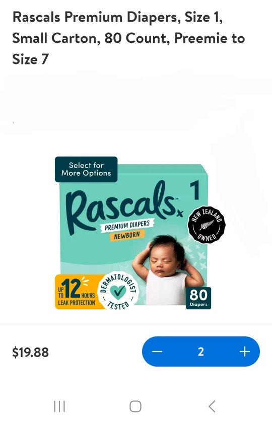 Rascals Premium Diapers, Size 1, 80 Count thumbnail