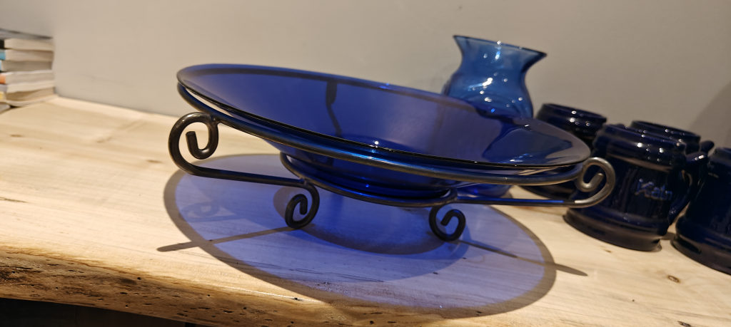 Blue Glass Serving Dish with Metal Stand