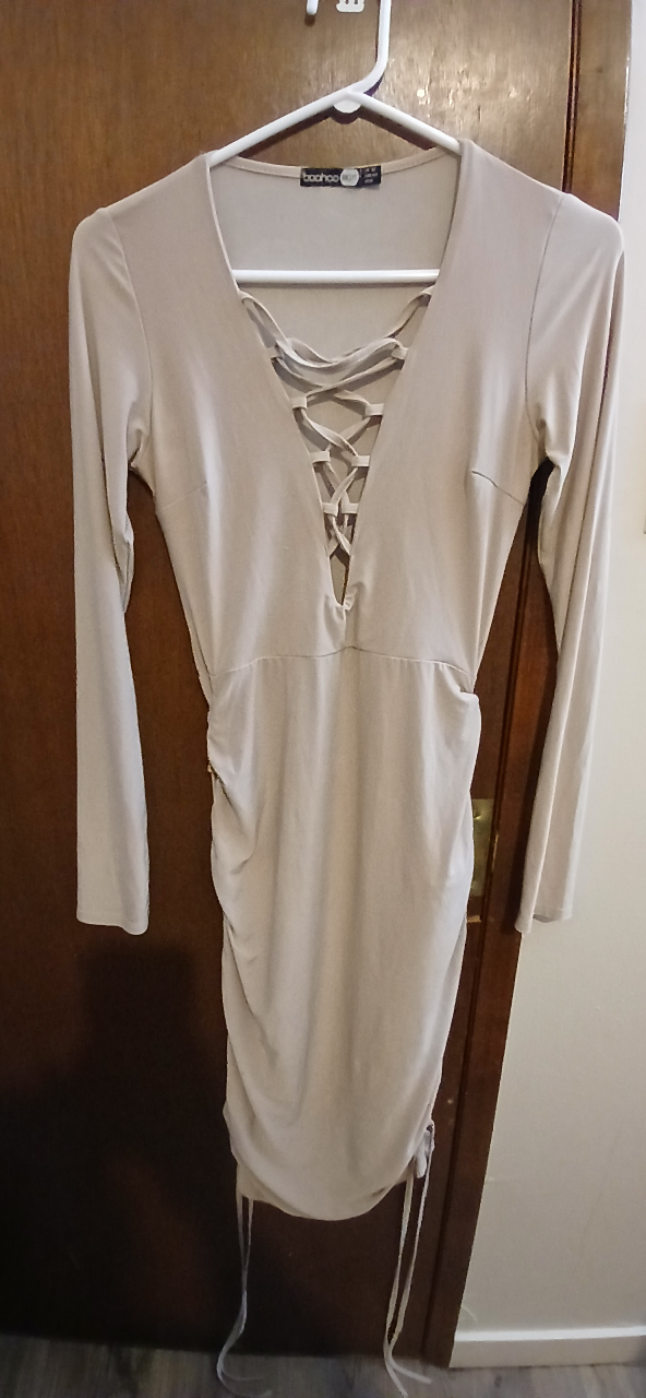 Boohoo Night Beige Lace-Up Dress - Size 8