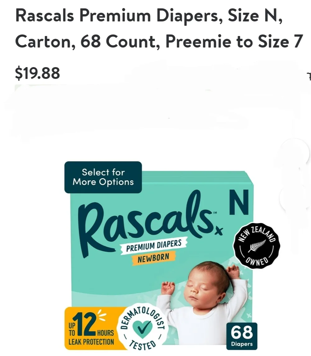 Rascals Premium Diapers, Newborn, 68 Count thumbnail