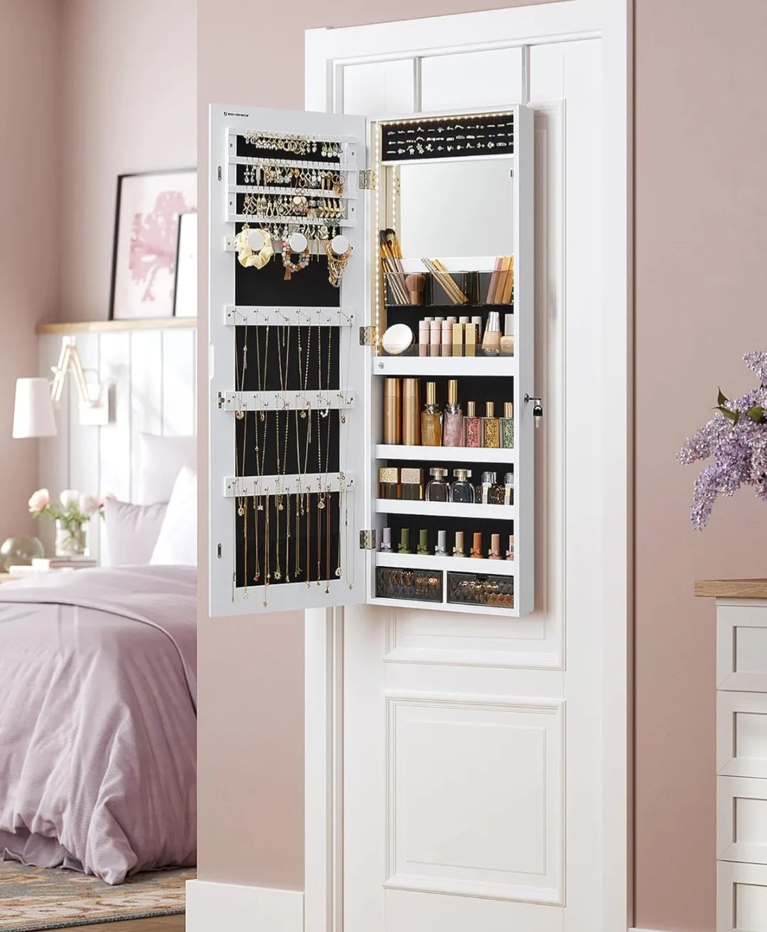 SONGMICS LED Mirrored Jewelry Cabinet - White thumbnail