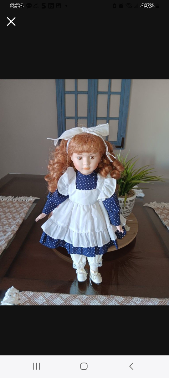 Porcelain Doll with Blue Polka Dot Dress