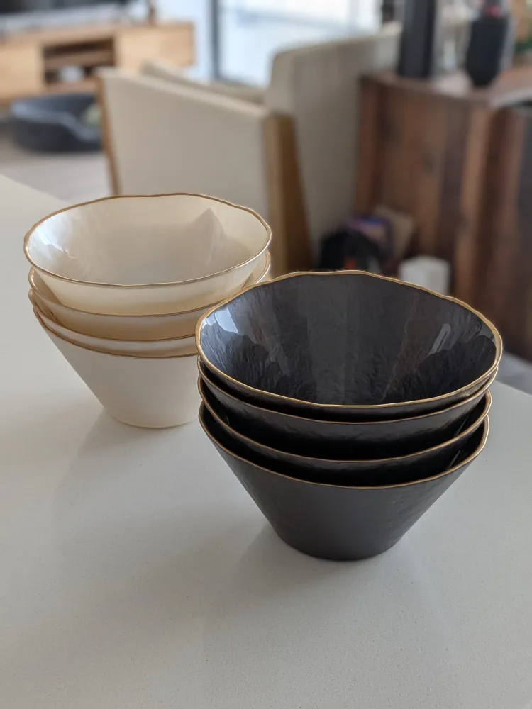 Set of 8 Dark Gray & White Gold-Rimmed Bowls thumbnail