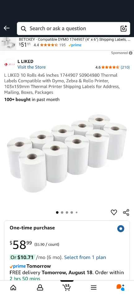 L LIKED 10 Rolls 4x6 Thermal Printer Labels - NEW thumbnail