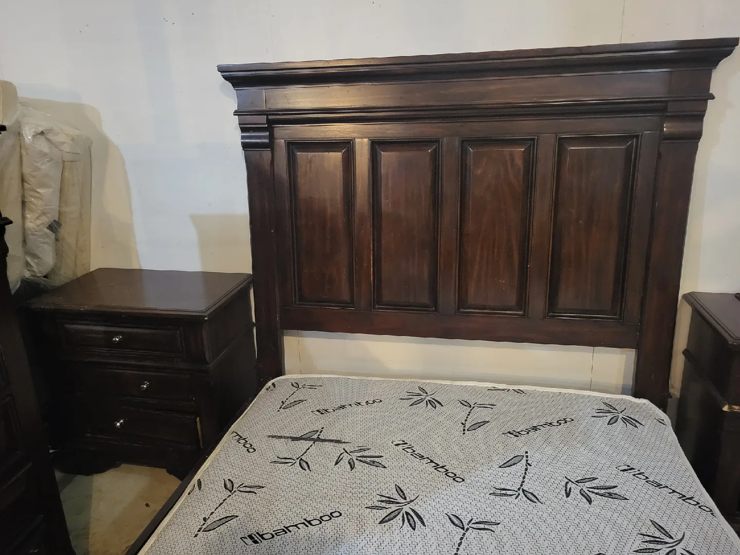 Queen Size Bed frame, mattress, dressers, and side tables thumbnail
